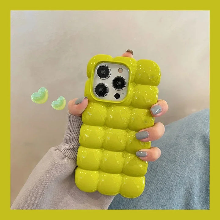 Cute 3D Block Lattice Case for iPhone 16 Pro Max, Glossy Candy Solid Color Shockproof Silicone Cover