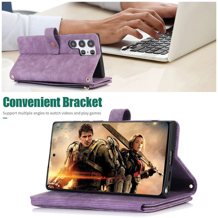 Crossbody wallet case for Samsung Galaxy with card holder, lanyard, and kickstand for hands-free use.