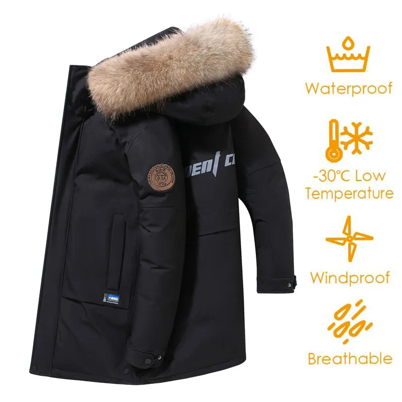 Black winter coat with fur hood on a white background, featuring waterproof and temperature-resistant properties.