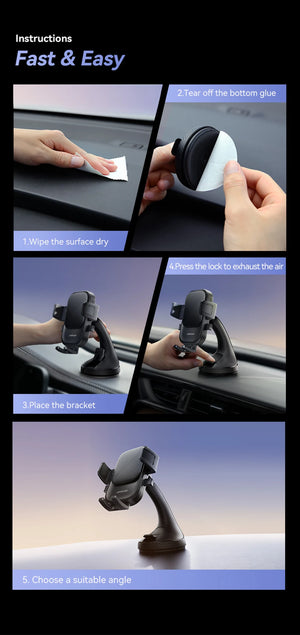 Step-by-step installation instructions for a car mount on a black background