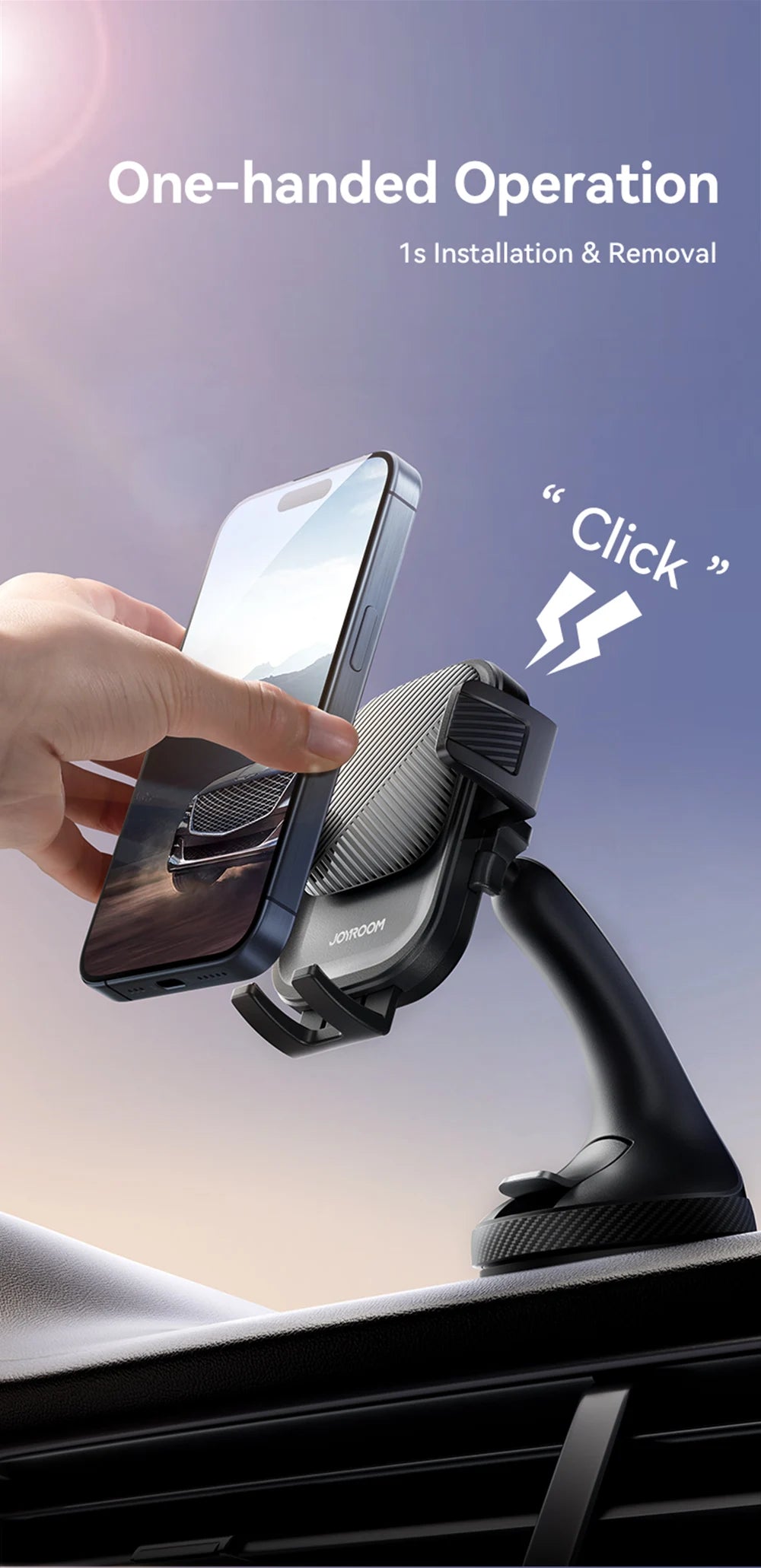 Phone holder in a car with one-handed operation and installation/removal feature.