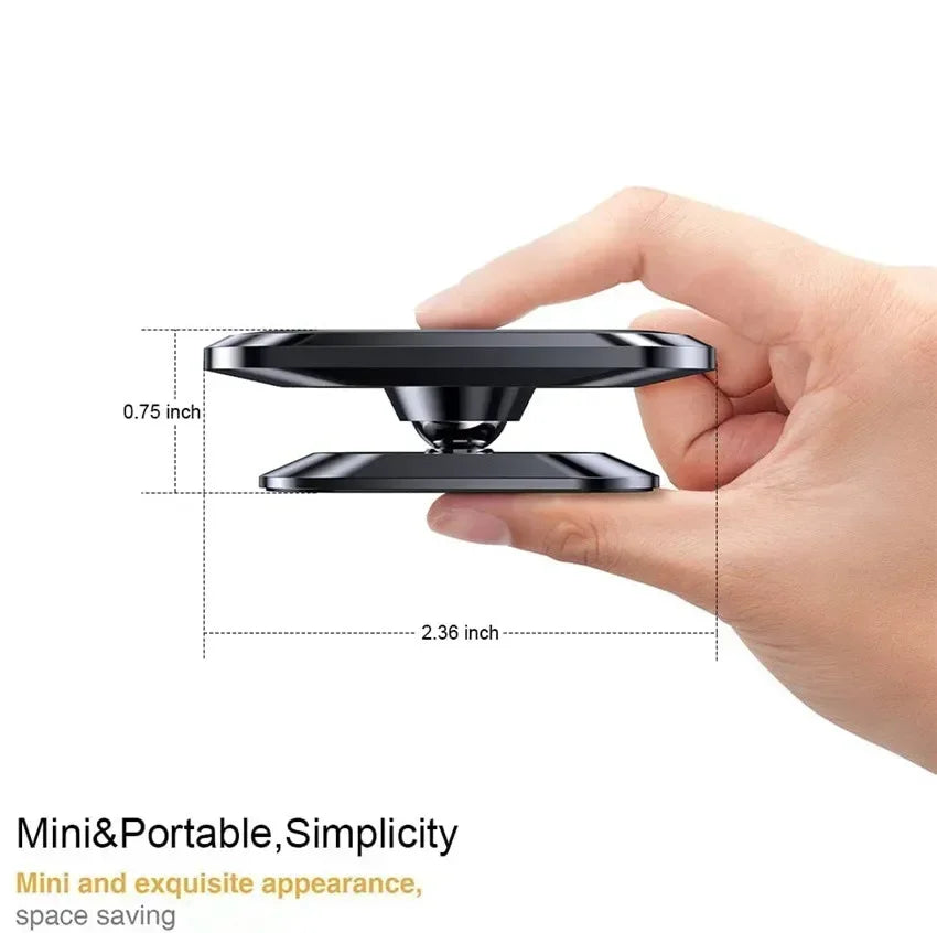 Hand holding a black phone stand with dimensions displayed, on a white background