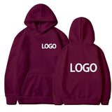 Maroon hoodie with 'LOGO' printed on front and back against a white background