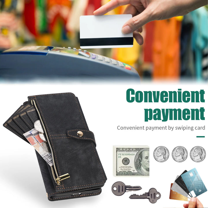 Crossbody wallet case for Samsung Galaxy with card holder, lanyard, and kickstand for hands-free use.