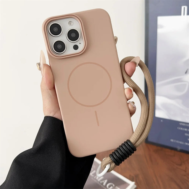 Candy Color Liquid Silicone MagSafe iPhone Case with Lanyard – Shockproof Magnetic Strap Cover for iPhone 11–16 Pro Max