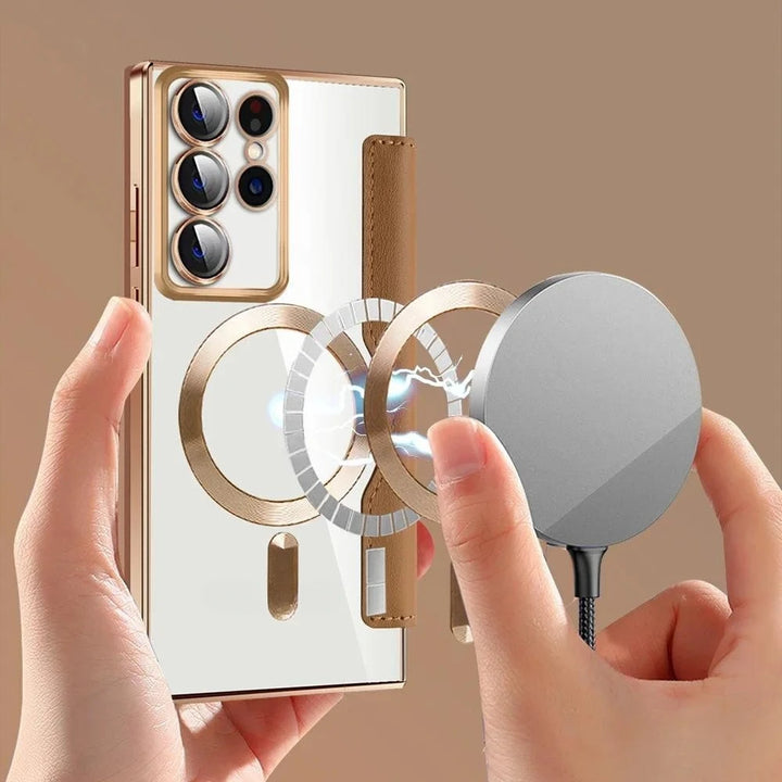Card Holder Magnetic Leather Case for Samsung S22/S23/S24 Ultra, Wireless Charging