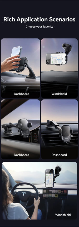 Demonstration of smartphone mount application scenarios on dashboard and windshield.