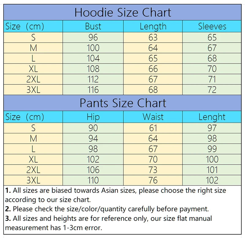 Size chart for hoodies and pants with measurements in centimeters.