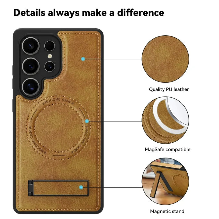 Luxury leather stand case for Samsung Galaxy S23, S24, S25 Ultra, offering premium protection and style.