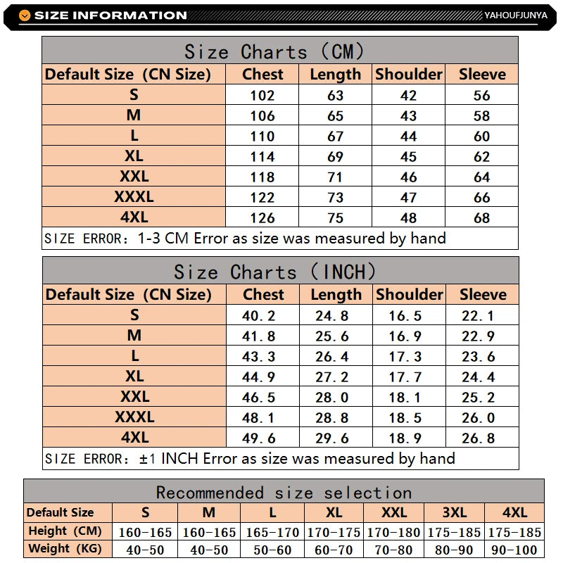 Size chart for clothing with measurements in centimeters and inches.