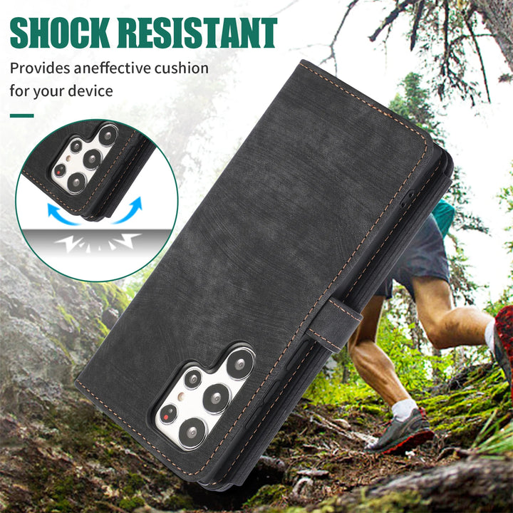 Crossbody wallet case for Samsung Galaxy with card holder, lanyard, and kickstand for hands-free use.
