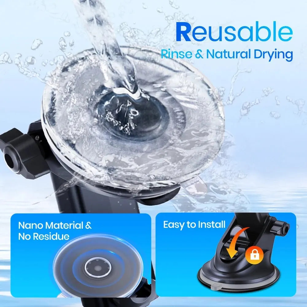 Reusable windshield washer fluid dispenser with water being poured into it, on a light blue background.