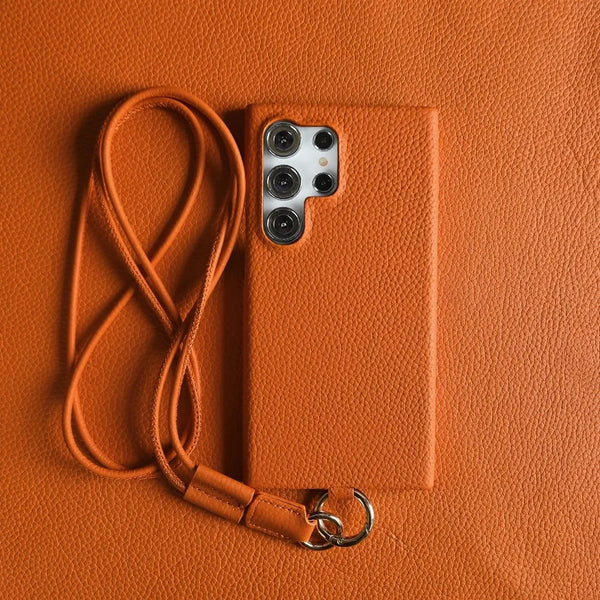 Luxury Cowhide Leather Crossbody Lanyard Case for Samsung S24, S23, S22, S21, and S20FE, Stylish and Durable Design
