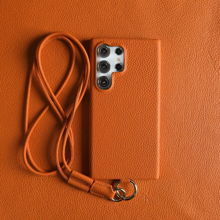 Luxury Cowhide Leather Crossbody Lanyard Case for Samsung S24, S23, S22, S21, and S20FE, Stylish and Durable Design