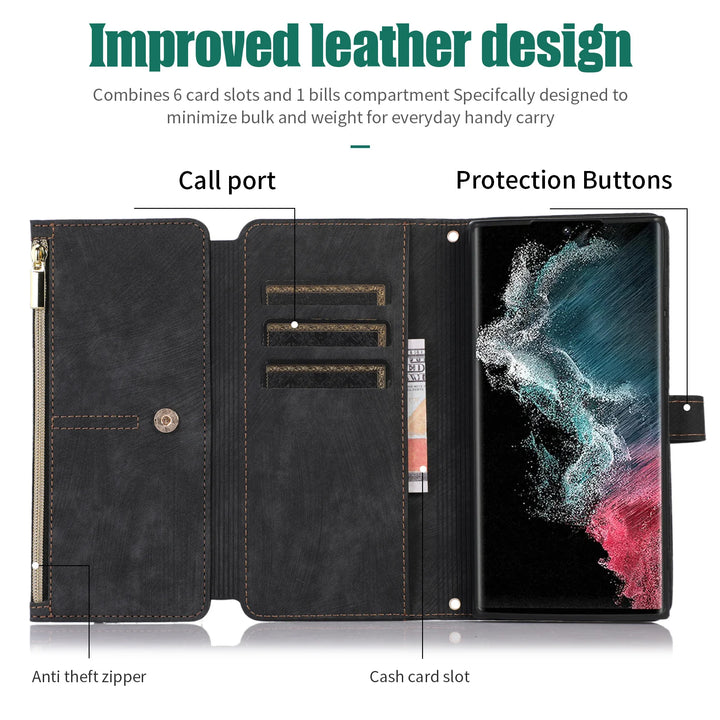 Crossbody wallet case for Samsung Galaxy with card holder, lanyard, and kickstand for hands-free use.