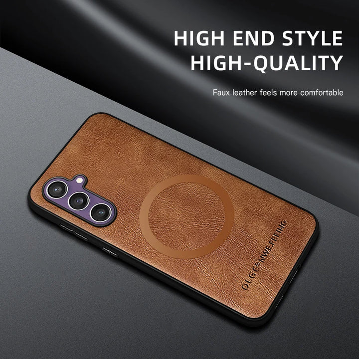 Faux Leather Magsafe Case for Samsung S20 S21 S22 S23 S24 Note 10 20 Ultra