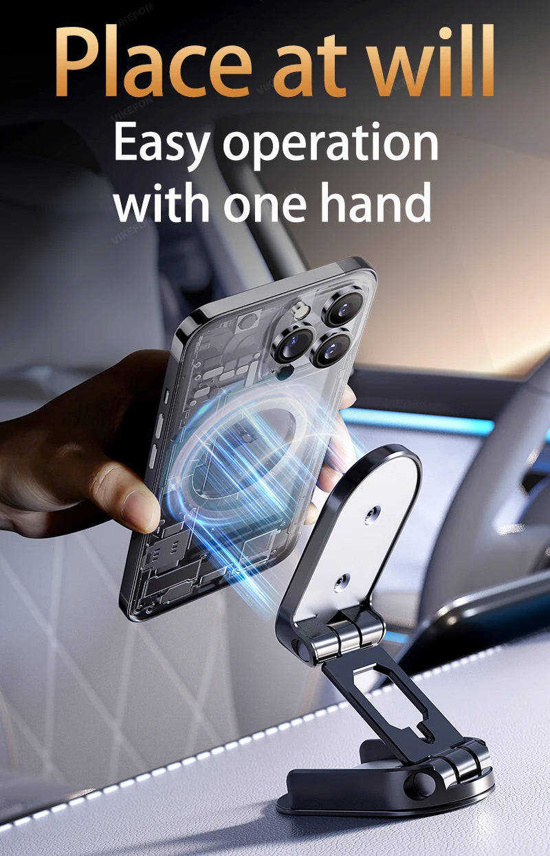 Phone holder with smartphone on a car dashboard, text 'Place at will Easy operation with one hand'.