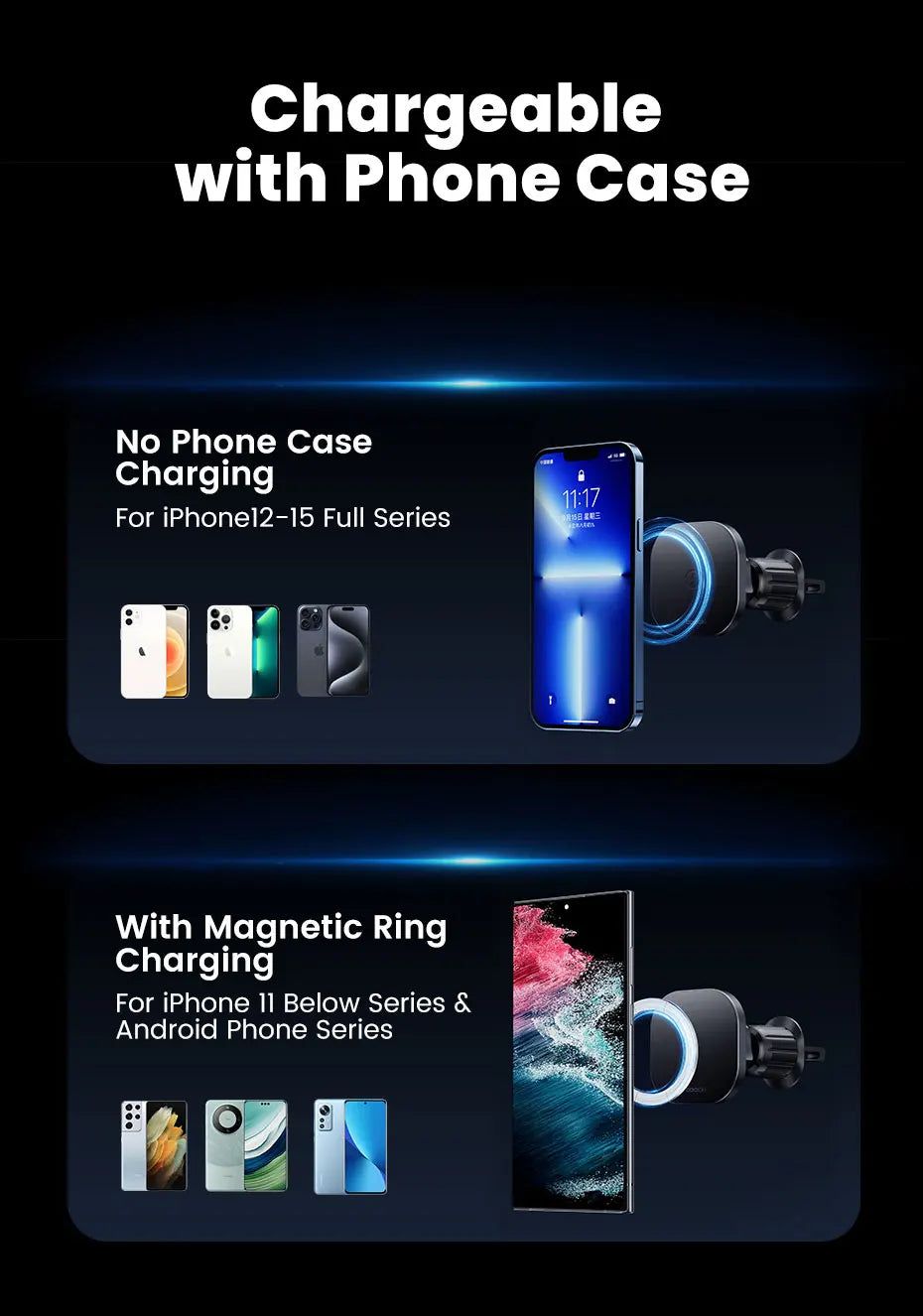Phone case with charging capabilities for different phone models on a dark background