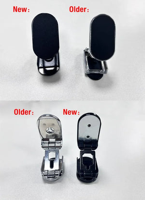 Comparison of new and older versions of a metal clip on a white background.