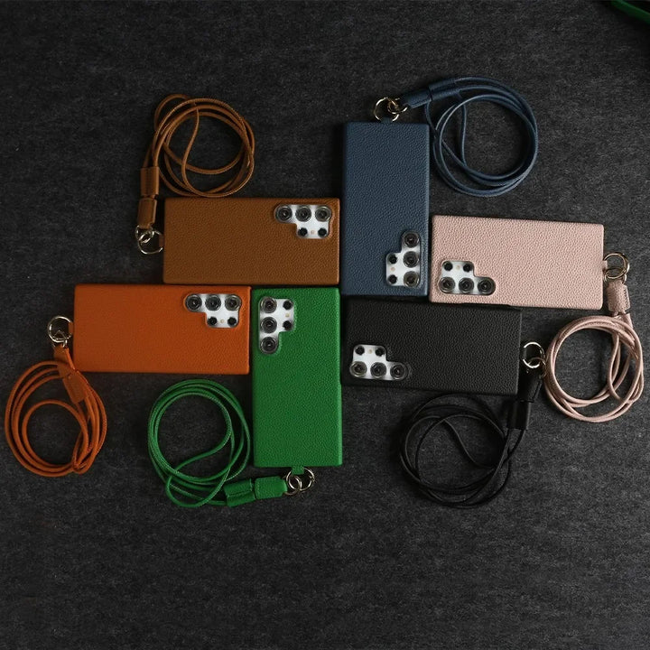 Luxury Cowhide Leather Crossbody Lanyard Case for Samsung S24, S23, S22, S21, and S20FE, Stylish and Durable Design