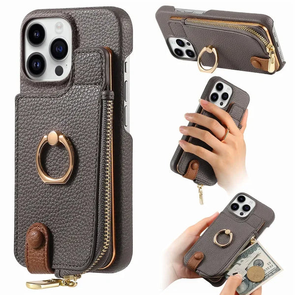 Luxury leather zipper wallet iPhone case with card holder and full protection, fits iPhone 11, 12, 13, 14, 15, and 16 Pro Max.
