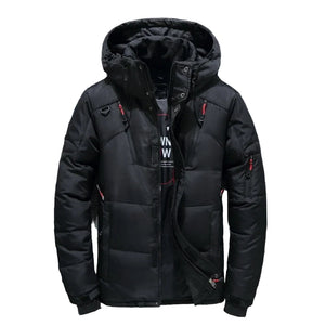 Black winter jacket with red accents on a gray background