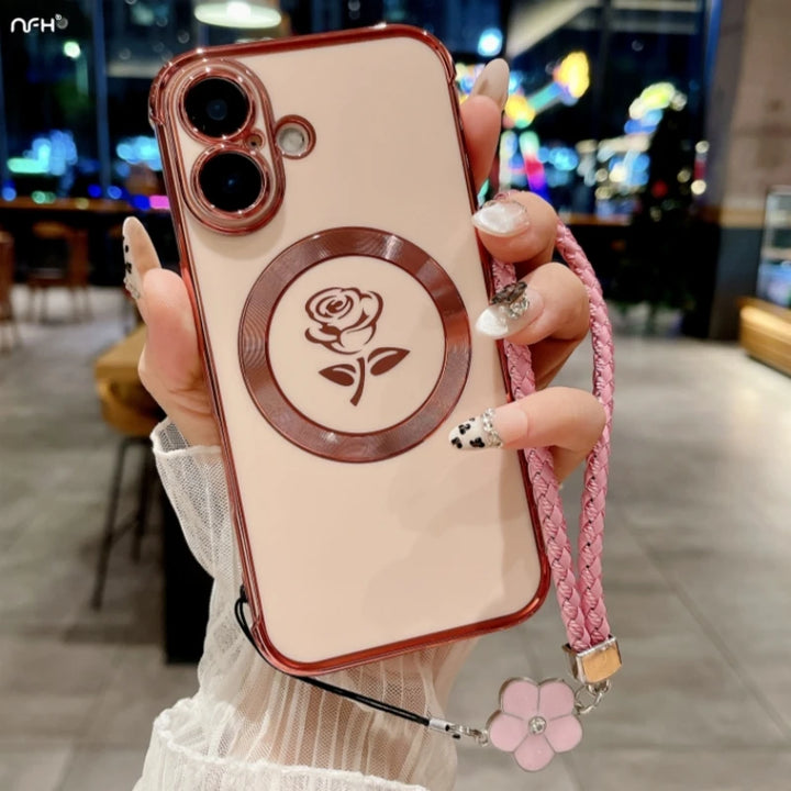 Luxury Magsafe Magnetic Plating Frame Phone Case with Lanyard for iPhone 16 and Samsung Galaxy