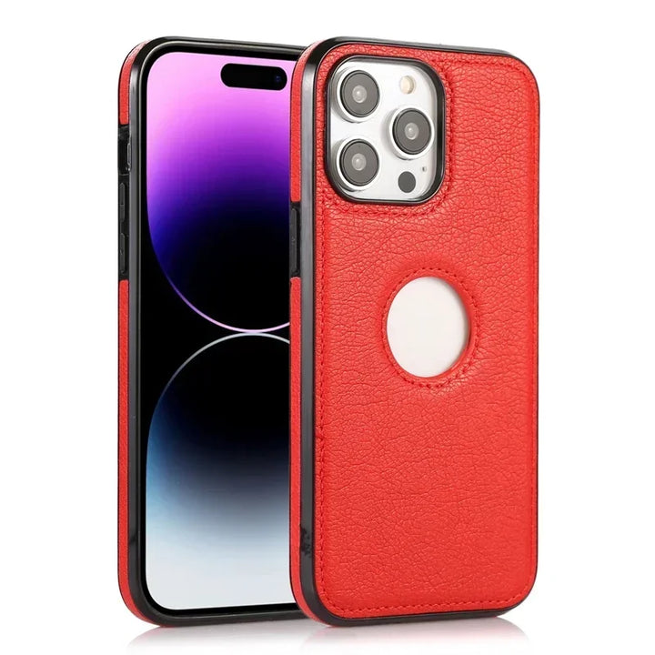 Classic Leather Case for iPhone 15/14/13/12/11/16 Pro Max with Logo View and Shockproof Design