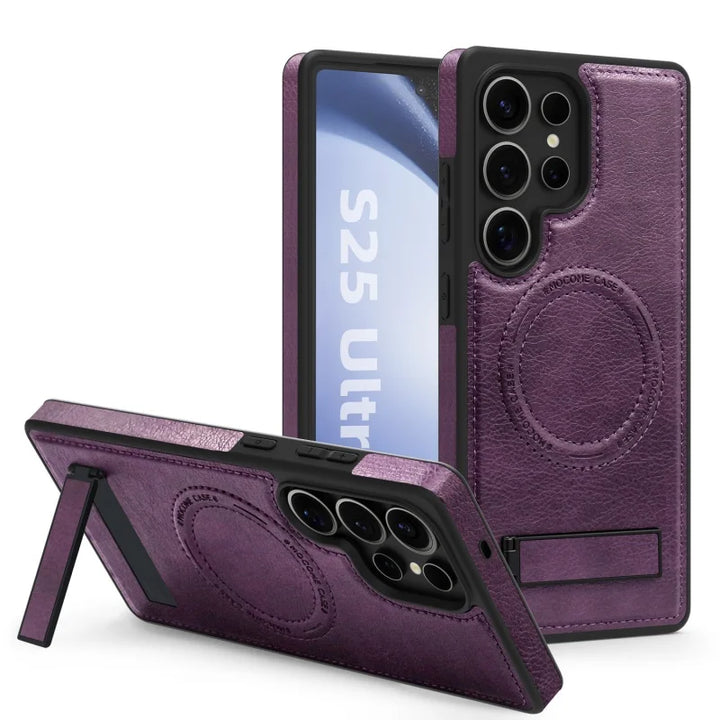 Luxury leather stand case for Samsung Galaxy S23, S24, S25 Ultra, offering premium protection and style.