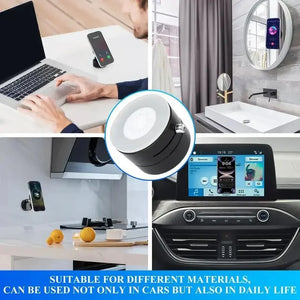 Collage of a smartphone on a stand, in a kitchen, and in a car with text about its versatility.