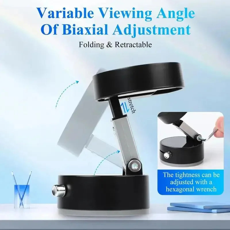 Folding and retractable biaxial adjustment tool with variable viewing angle on a light blue background.