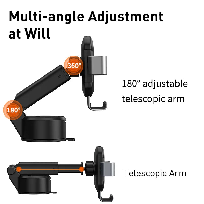 Illustration of a multi-angle adjustable phone holder with labeled features on a white background.