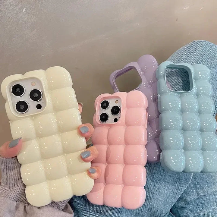 Cute 3D Block Lattice Case for iPhone 16 Pro Max, Glossy Candy Solid Color Shockproof Silicone Cover