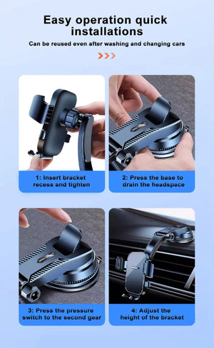 Step-by-step guide on how to use a car air vent mount with text about easy operation and quick installations.