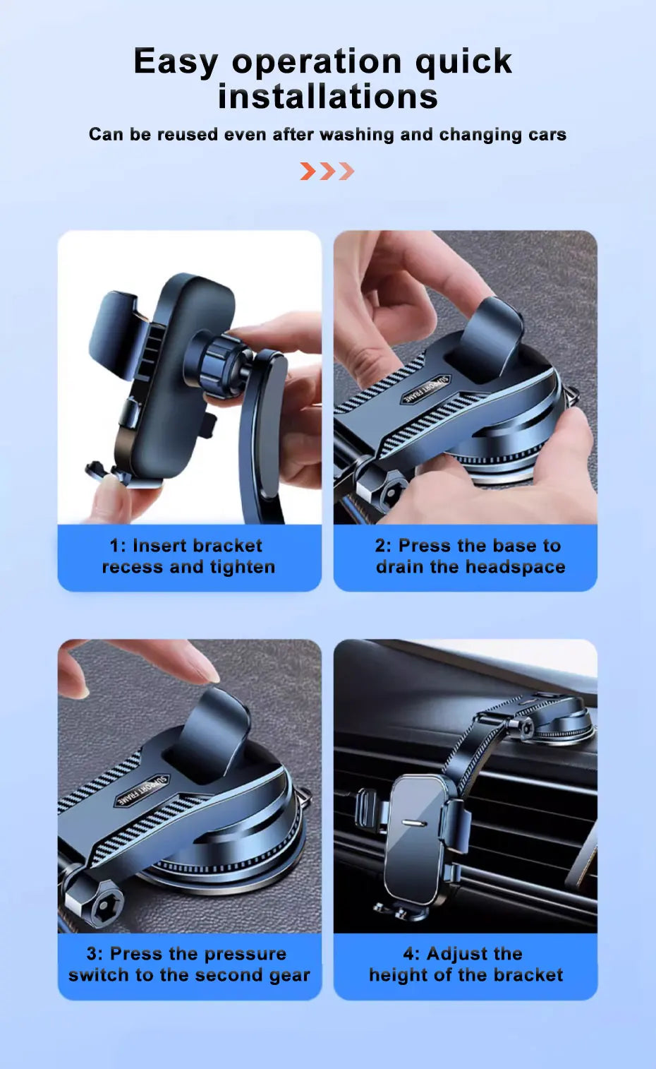 Step-by-step guide on how to use a car air vent mount with text about easy operation and quick installations.