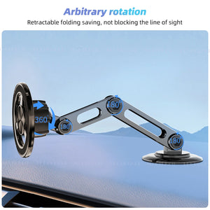 Retractable car phone holder with 360-degree rotation on a blue background