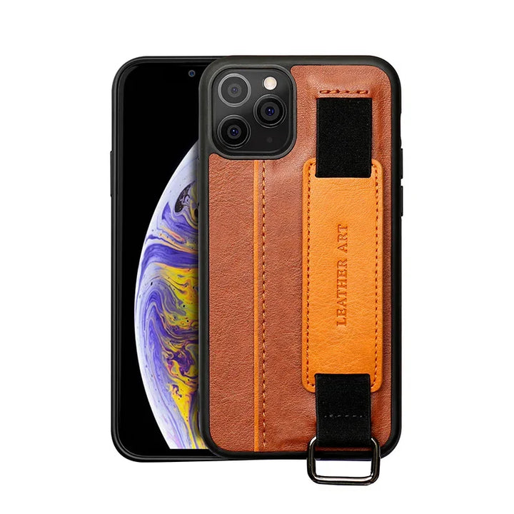 PU leather iPhone case with card holder, wristband, and detachable lanyard.