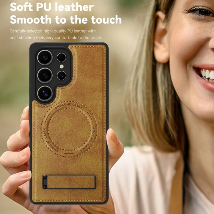 Luxury leather stand case for Samsung Galaxy S23, S24, S25 Ultra, offering premium protection and style.