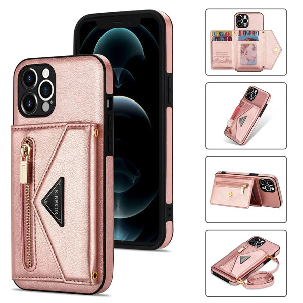 Zipper wallet crossbody phone case with card holder and detachable lanyard for iPhone models.