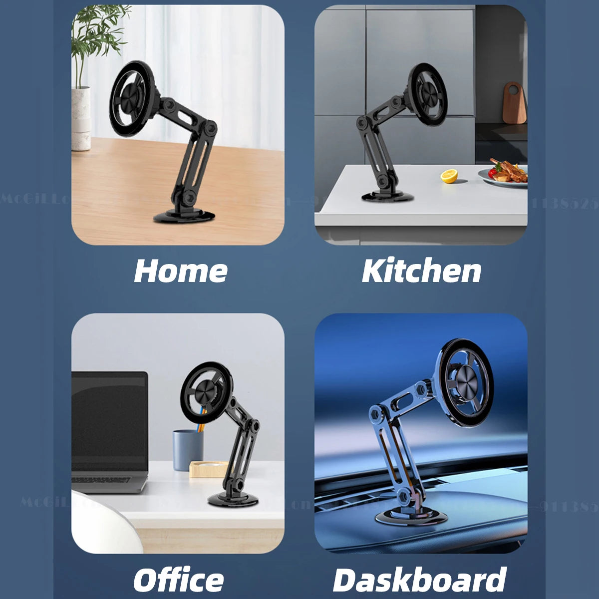 Black adjustable desk lamp shown in various settings including home, kitchen, office, and dashboard.