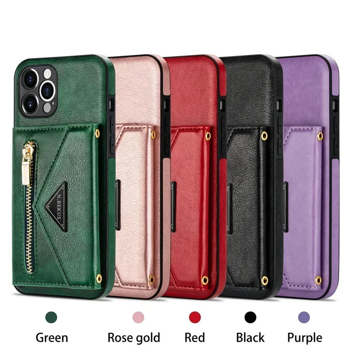 Zipper wallet crossbody phone case with card holder and detachable lanyard for iPhone models.