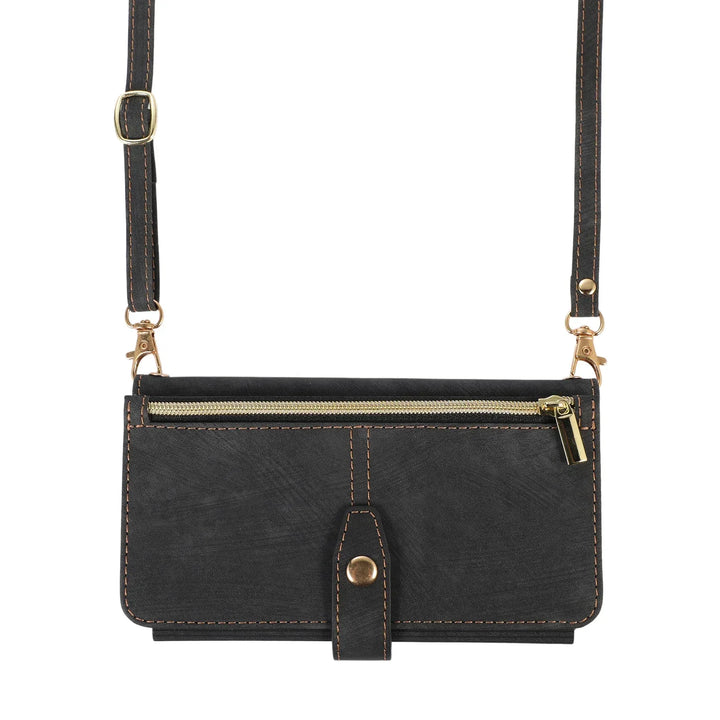 Crossbody wallet case for iPhone with card holder, lanyard, and kickstand for hands-free use.