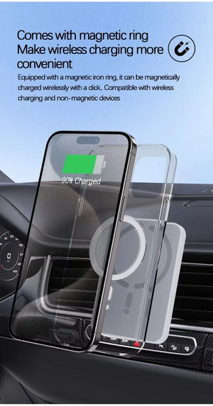 Wireless charging device with magnetic ring in a car interior setting