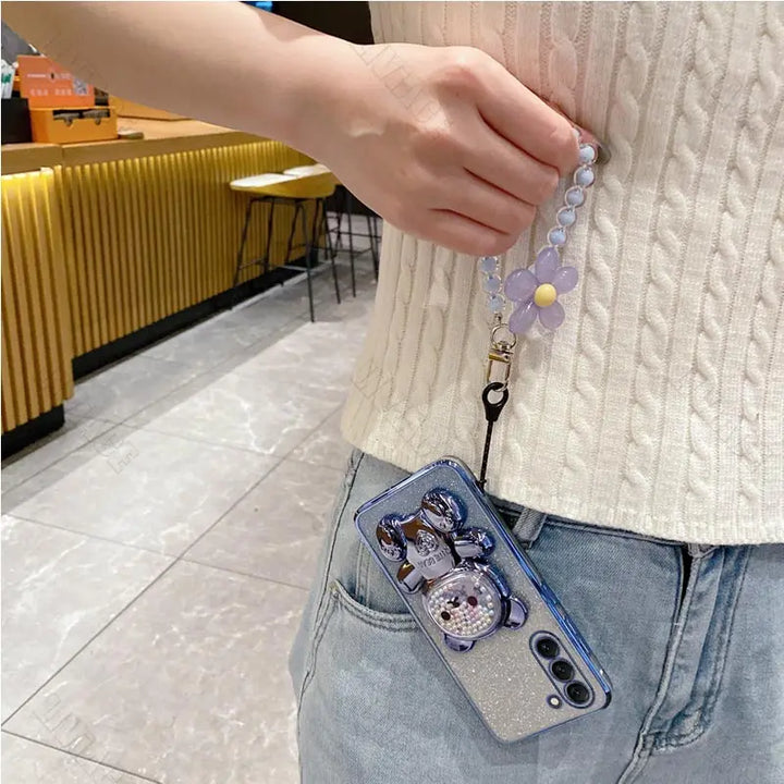 Flower Strap Bear Phone Holder Case for Samsung S23 S24 S21 S22 S20 Ultra Note 10 20