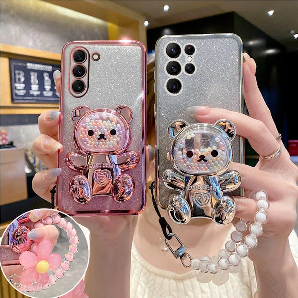 Flower Strap Bear Phone Holder Case for Samsung S23 S24 S21 S22 S20 Ultra Note 10 20