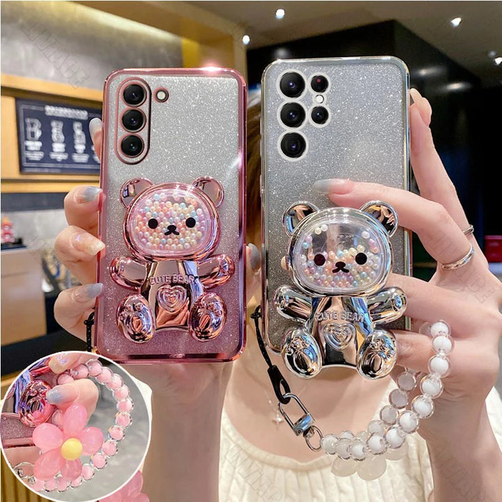 Flower Strap Bear Phone Holder Case for Samsung S23 S24 S21 S22 S20 Ultra Note 10 20