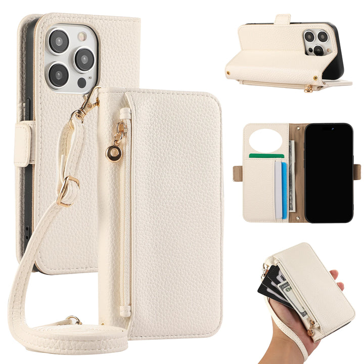 Crossbody Zipper Wallet Case with Card Holder for iPhone 16/15/14/13/12/11 Pro Max, Leather Cover