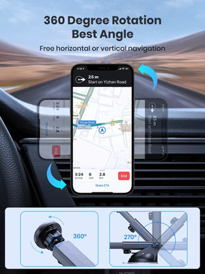 Phone mount with 360-degree rotation feature for car navigation.