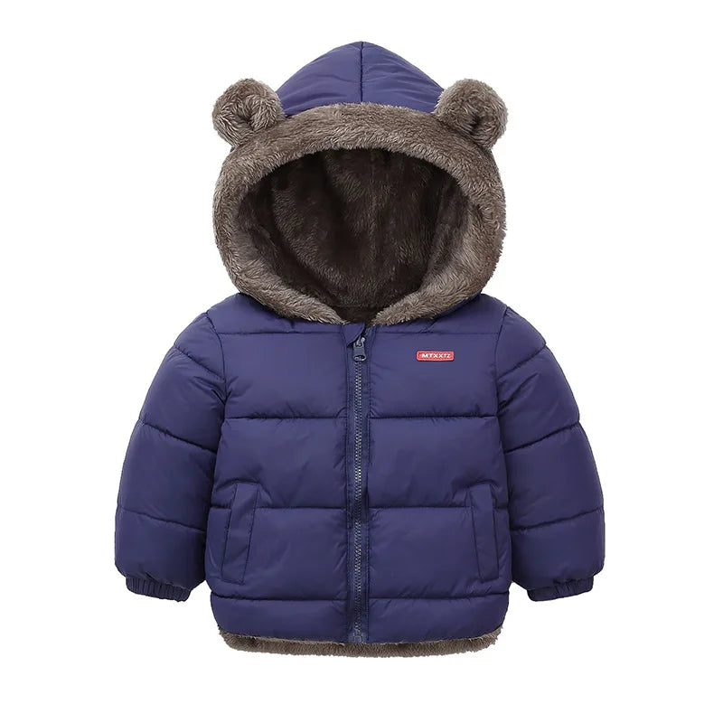 Blue children's puffer jacket with bear ears on a white background
