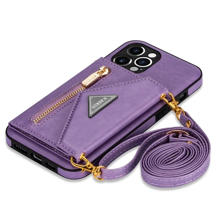 Zipper wallet crossbody phone case with card holder and detachable lanyard for iPhone models.